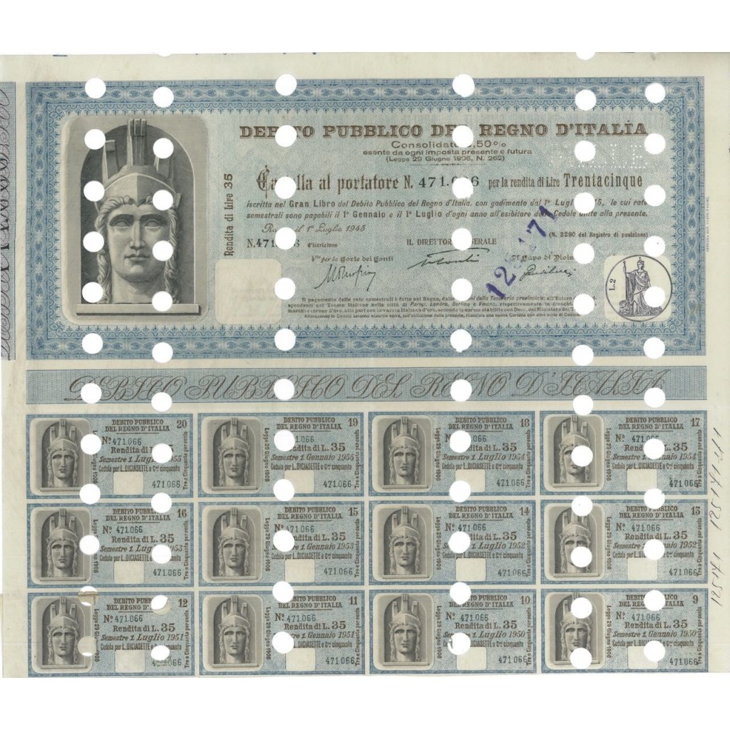 CARTELLA AL PORTATORE RENDITA 35 - D. PUBBLICO REGNO D'ITALIA ROMA 1945