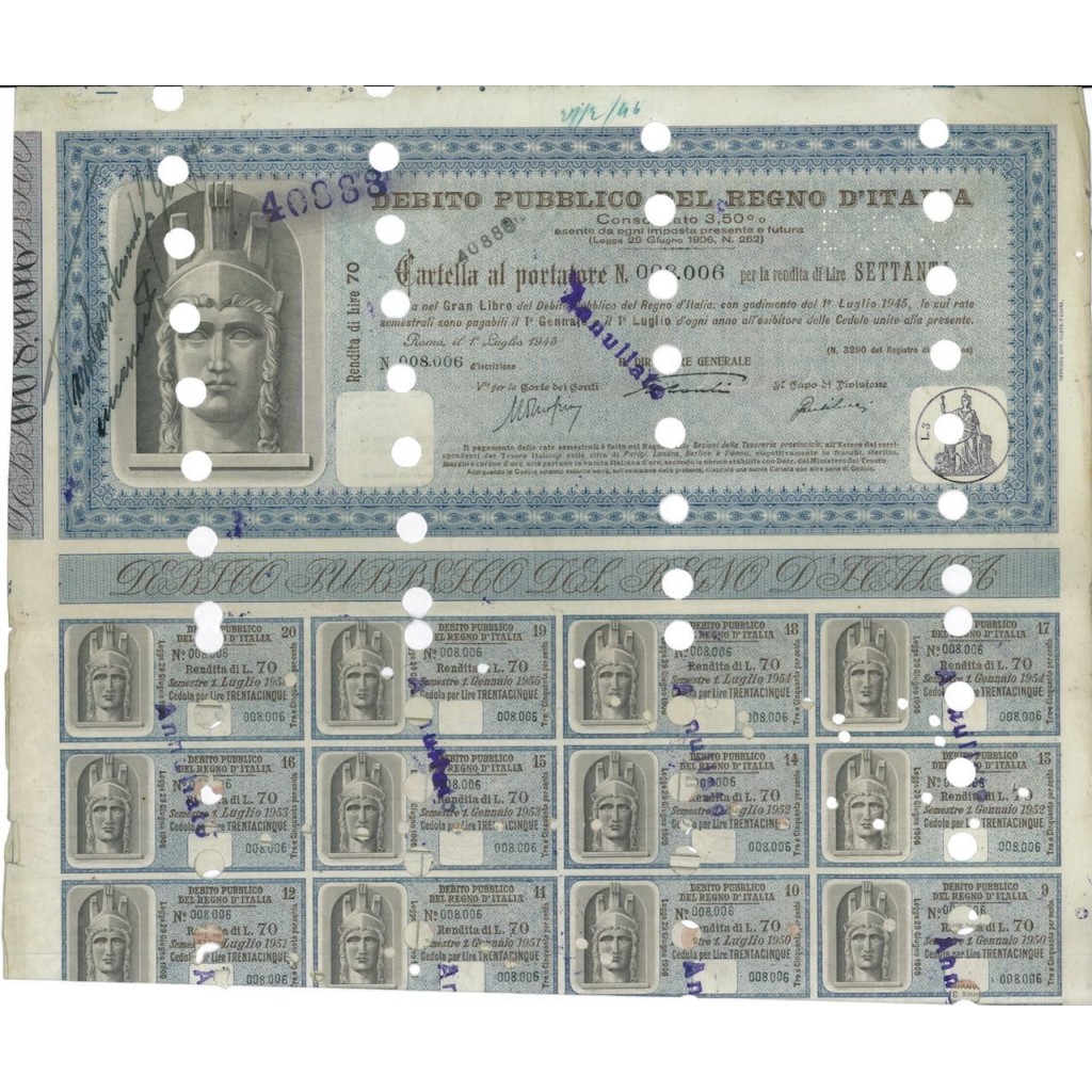 CARTELLA AL PORTATORE RENDITA 70 - D. PUBBLICO REGNO D'ITALIA ROMA 1945