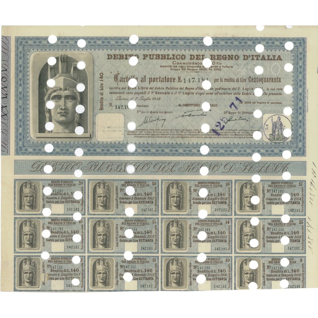 CARTELLA AL PORTATORE RENDITA 140 - D. PUBBLICO REGNO D'ITALIA ROMA 1945