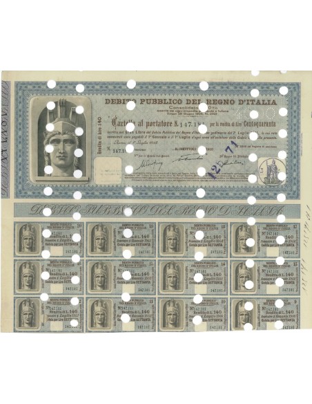 CARTELLA AL PORTATORE RENDITA 140 - D. PUBBLICO REGNO D'ITALIA ROMA 1945