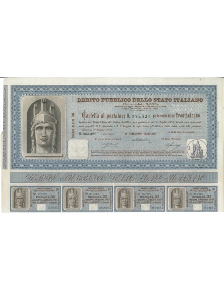 CARTELLA AL PORTATORE RENDITA 35 - D. PUBBLICO STATO ITALIANO ROMA 1955