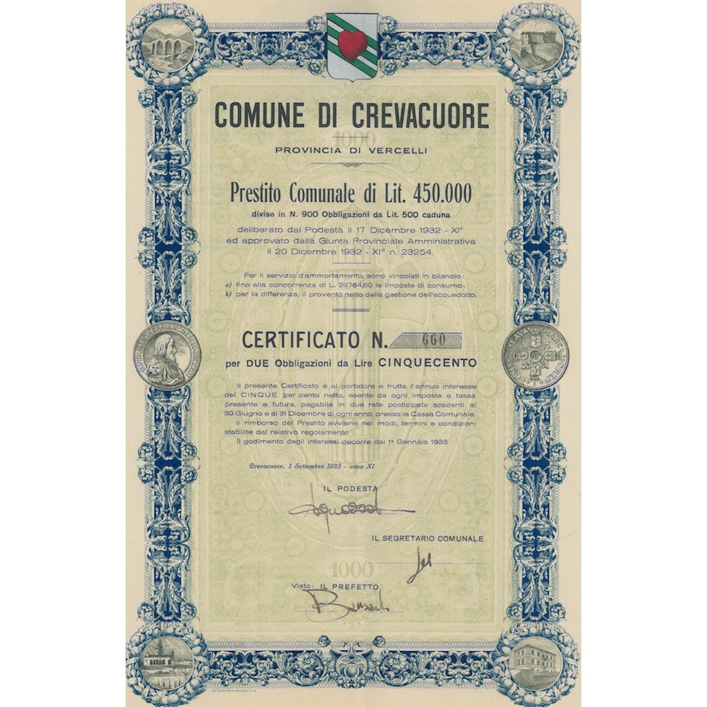 COMUNE DI CREVACUORE DUE OBBLIGAZIONI 1933