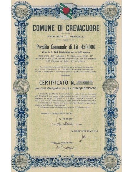 COMUNE DI CREVACUORE DUE OBBLIGAZIONI 1933