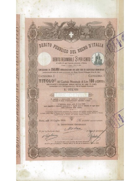 TITOLO DA LIRE 100 REDIMIBILE 3% - ROMA 1910