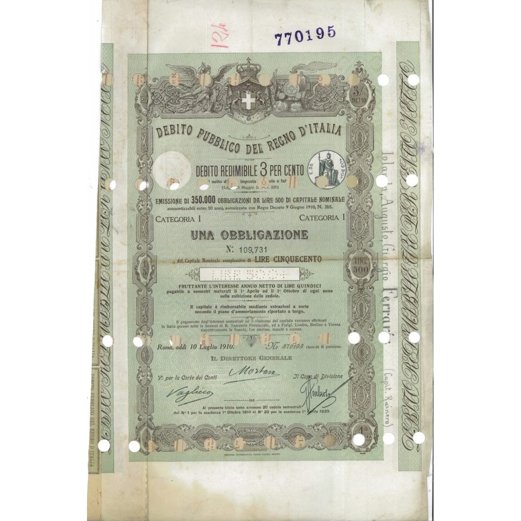 1 OBBLIGAZIONE REDIMIBILE 3% - ROMA 1910