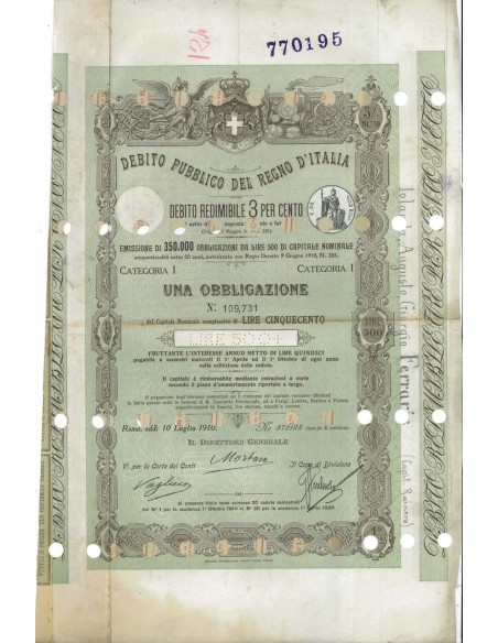 1 OBBLIGAZIONE REDIMIBILE 3% - ROMA 1910