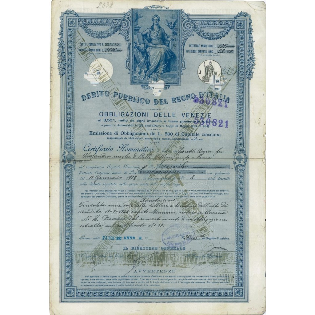 CERTIFICATO NOMINATIVO 3,50% - OBB. DELLE VENEZIE ROMA 1932