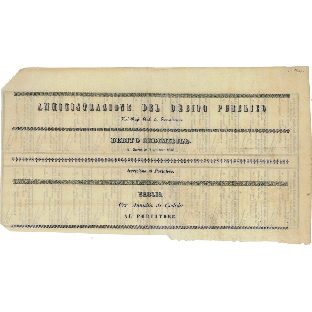 VAGLIA PER ANNUITA' DI CEDOLA - DEBITO REDIMIBILE 1848