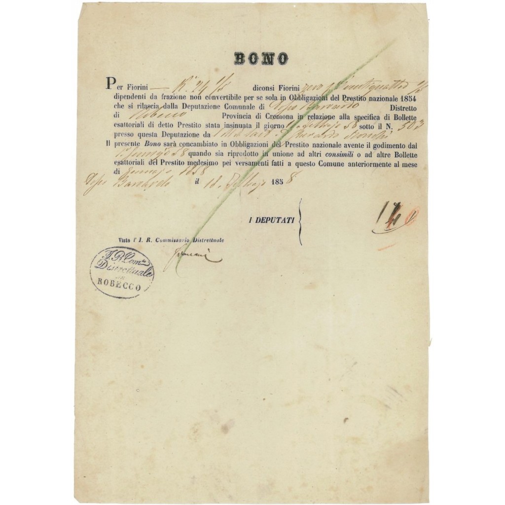 BONO NOM. 0,24 FIORINI - PRESTITO NAZIONALE 1854