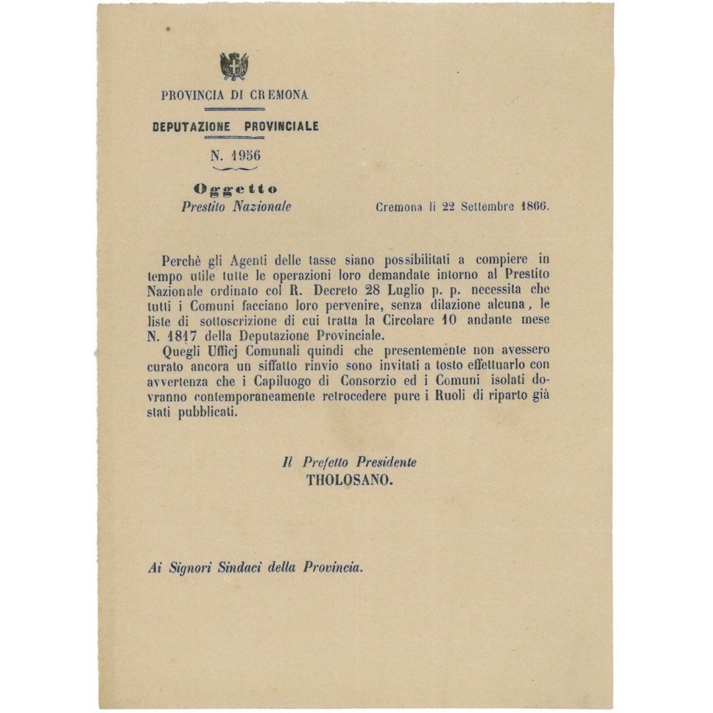 INFORMATIVA PREFETTO CREMONA PER PRESTITO NAZIONALE 1866