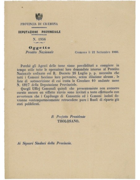 INFORMATIVA PREFETTO CREMONA PER PRESTITO NAZIONALE 1866