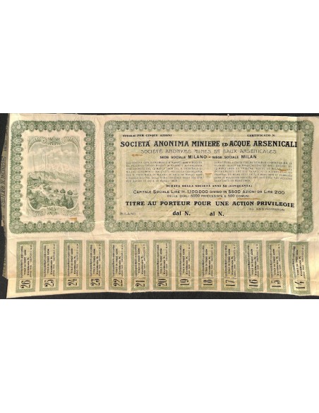 SOC. ANONIMA MINIERE ED ACQUE ARSENICALI 1 AZIONE PRIV. GENOVA 1909