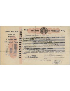 VIGLIETTO DI PROMESSA FIORINI 100 - PRESTITO DELLO STATO 1865