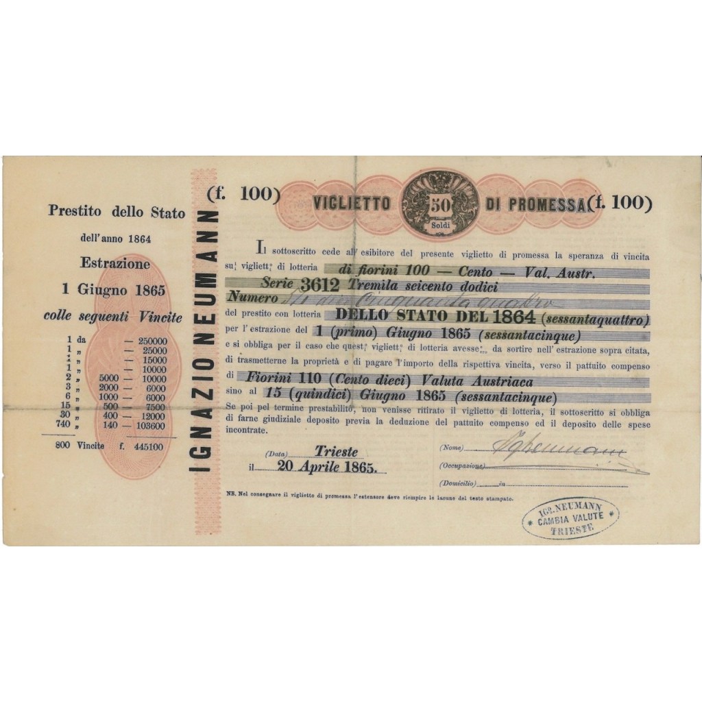 VIGLIETTO DI PROMESSA FIORINI 100 - PRESTITO DELLO STATO 1865