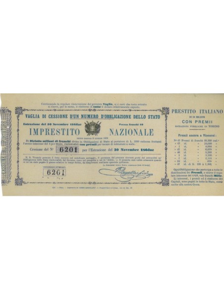 VAGLIA DI CESSIONE D'UN NUMERO DI OBBLIGAZIONE - 1862