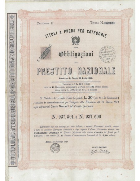 OBBLIGAZIONI DEL PRESTITO NAZIONALE - FIRENZE 1872