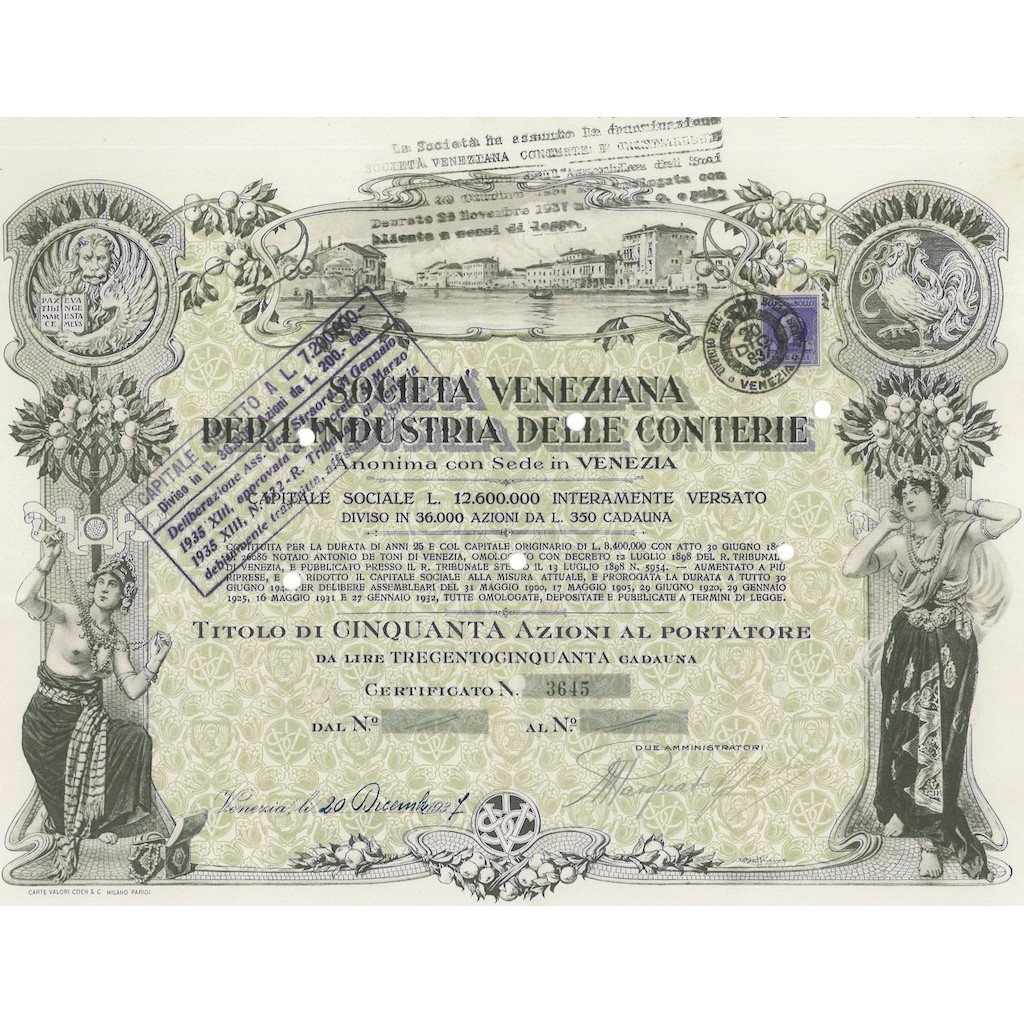 SOCIETA` VENEZIANA DELL` INDUSTRIA DELLE CONTERIE 50 AZIONI VENEZIA 1937