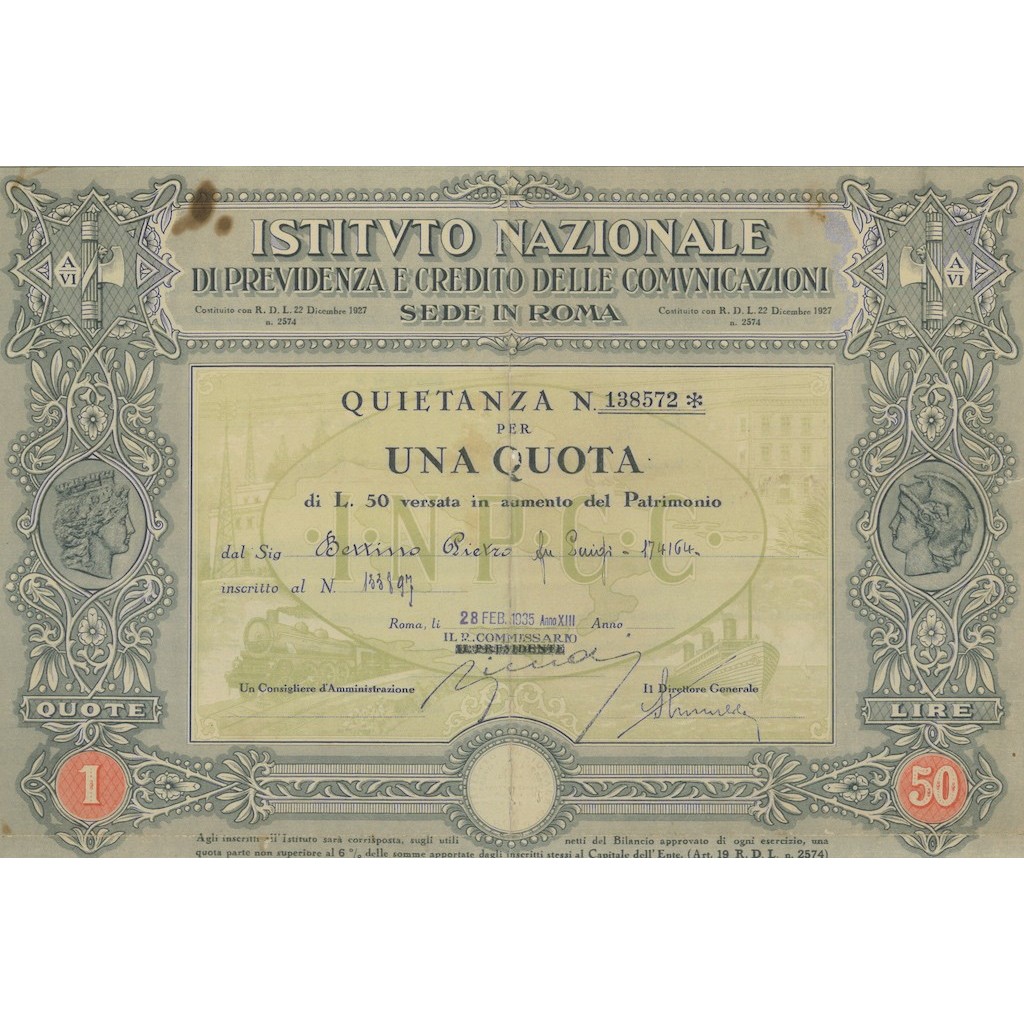 IST. NAZI. DI PREVIDENZA E CREDITO DELLE COMUNICAZIONI 1 QUOTA ROMA 1935