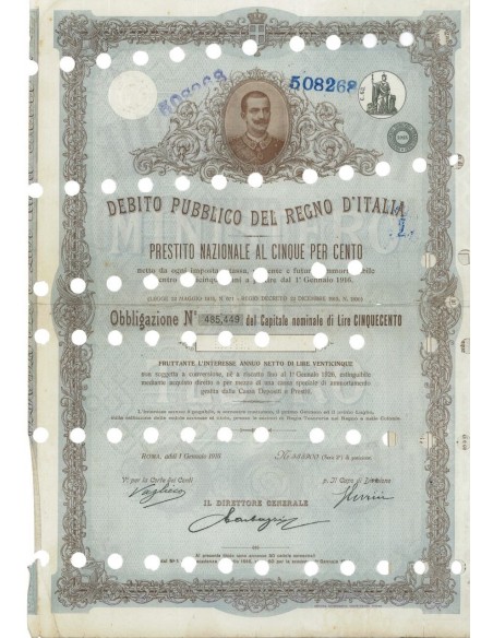 OBBLIGAZIONE LIRE 500 - REGNO D'ITALIA ROMA 1916