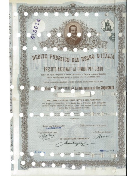 OBBLIGAZIONE LIRE 500 - REGNO D'ITALIA ROMA 1935