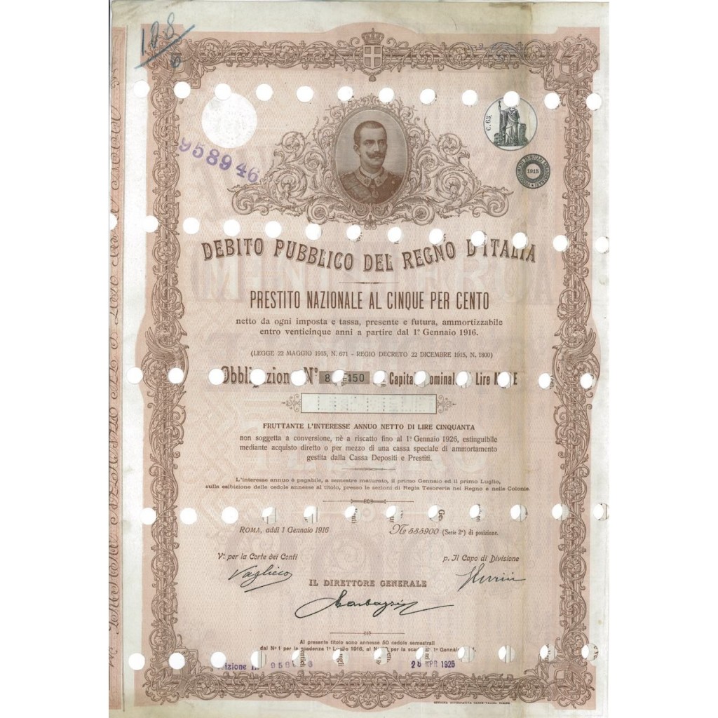 OBBLIGAZIONE LIRE 1000 - REGNO D'ITALIA ROMA 1916