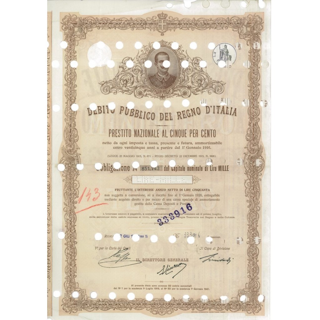 OBBLIGAZIONE LIRE 1000 - REGNO D'ITALIA ROMA 1915