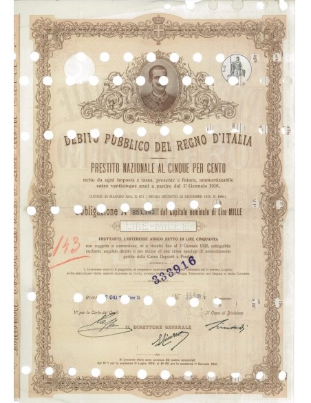 OBBLIGAZIONE LIRE 1000 - REGNO D'ITALIA ROMA 1915