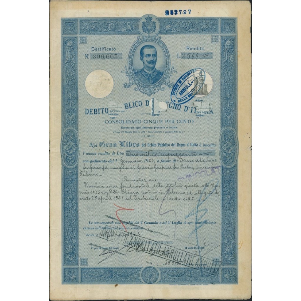 CERTIFICATO LIRE 2500 5% - REGNO D'ITALIA ROMA 1923