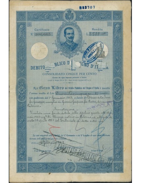 CERTIFICATO LIRE 2500 5% - REGNO D'ITALIA ROMA 1923