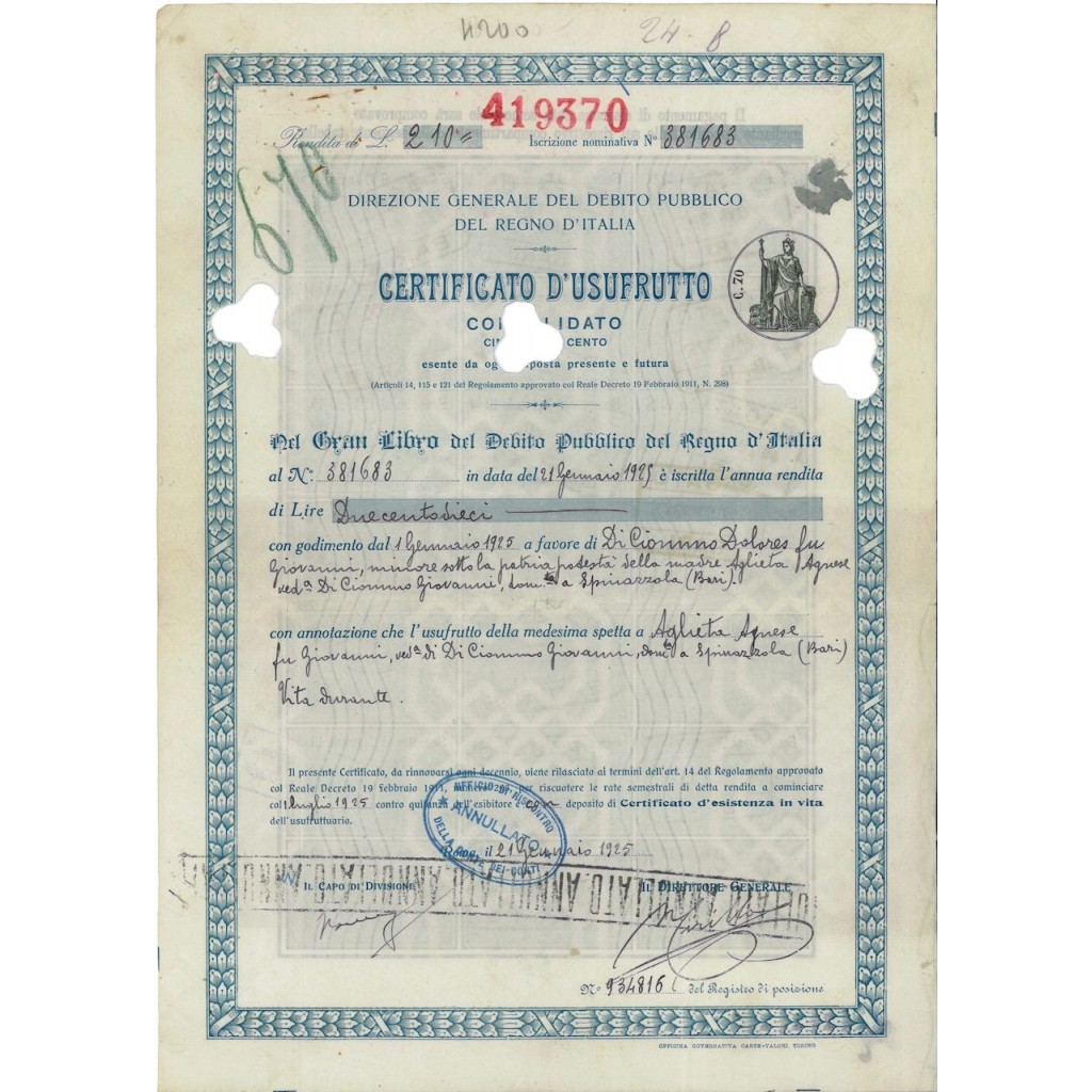CERTIFICATO D'USUFRUTTO - RENDITA CONSOLIDATA 5% - ROMA 1925
