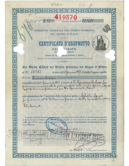 CERTIFICATO D'USUFRUTTO - RENDITA CONSOLIDATA 5% - ROMA 1925