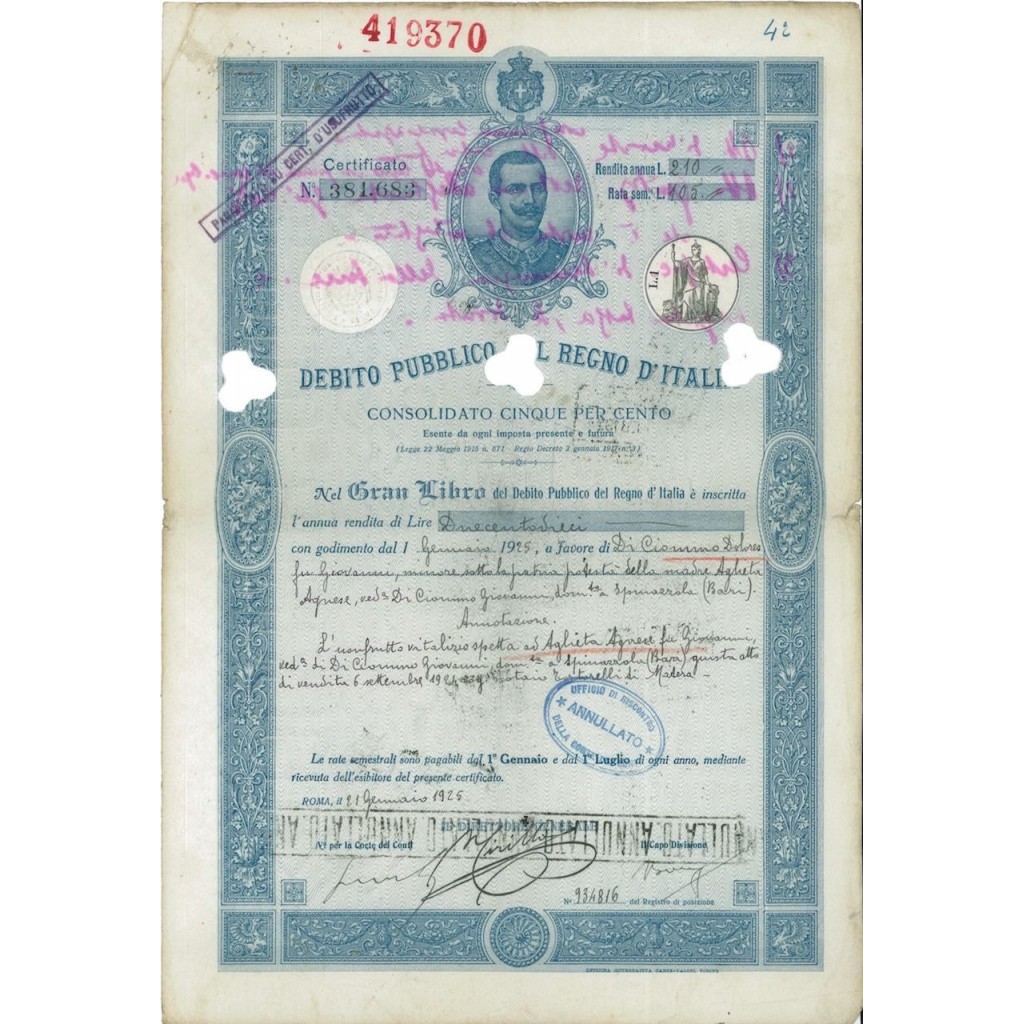 CERTIFICATO CONSOLIDATO RENDITA 5% - REGNO D'ITALIA ROMA 1925