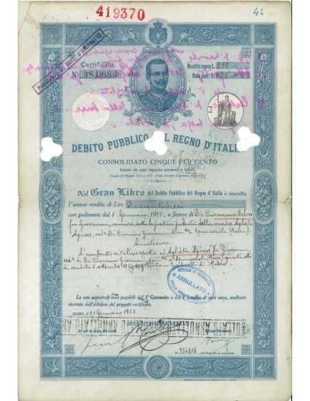 CERTIFICATO CONSOLIDATO RENDITA 5% - REGNO D'ITALIA ROMA 1925