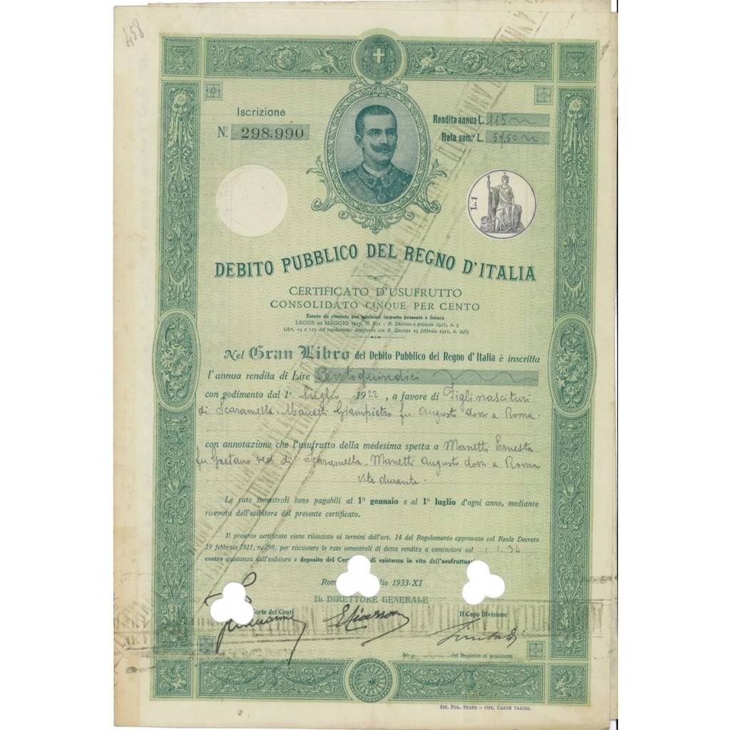 CERTIFICATO D'USUFRUTTO CONSOLIDATO 5% - REGNO D'ITALIA ROMA 1933