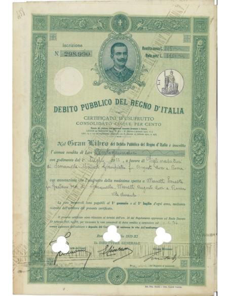 CERTIFICATO D'USUFRUTTO CONSOLIDATO 5% - REGNO D'ITALIA ROMA 1933