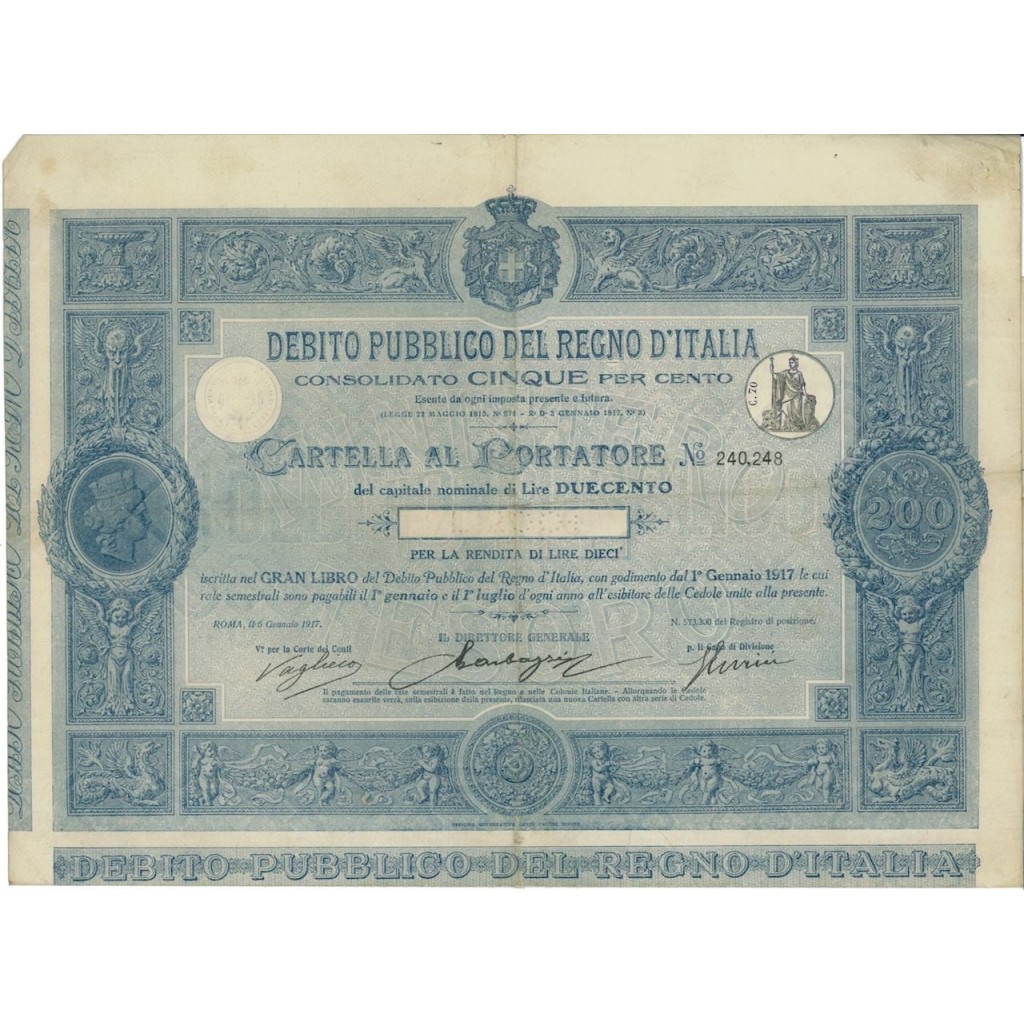 CARTELLA 200 LIRE - D.PUBBLICO CONSOLIDATO REGNO D'ITALIA 1917