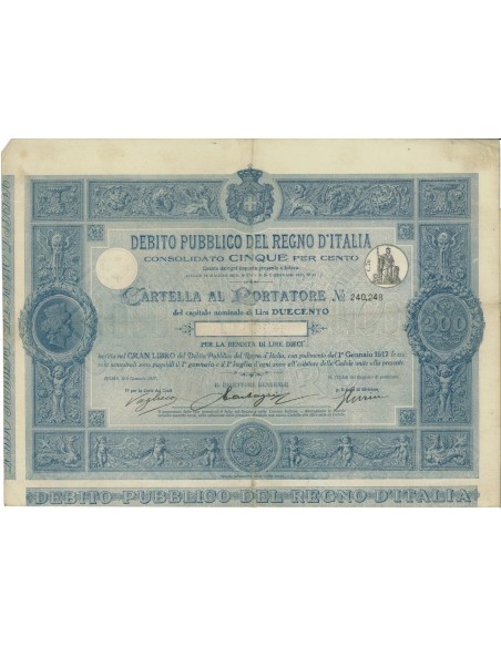CARTELLA 200 LIRE - D.PUBBLICO CONSOLIDATO REGNO D'ITALIA 1917