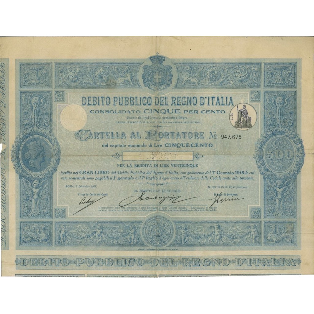 CARTELLA 500 LIRE - D.PUBBLICO CONSOLIDATO 5% REGNO D'ITALIA 1917