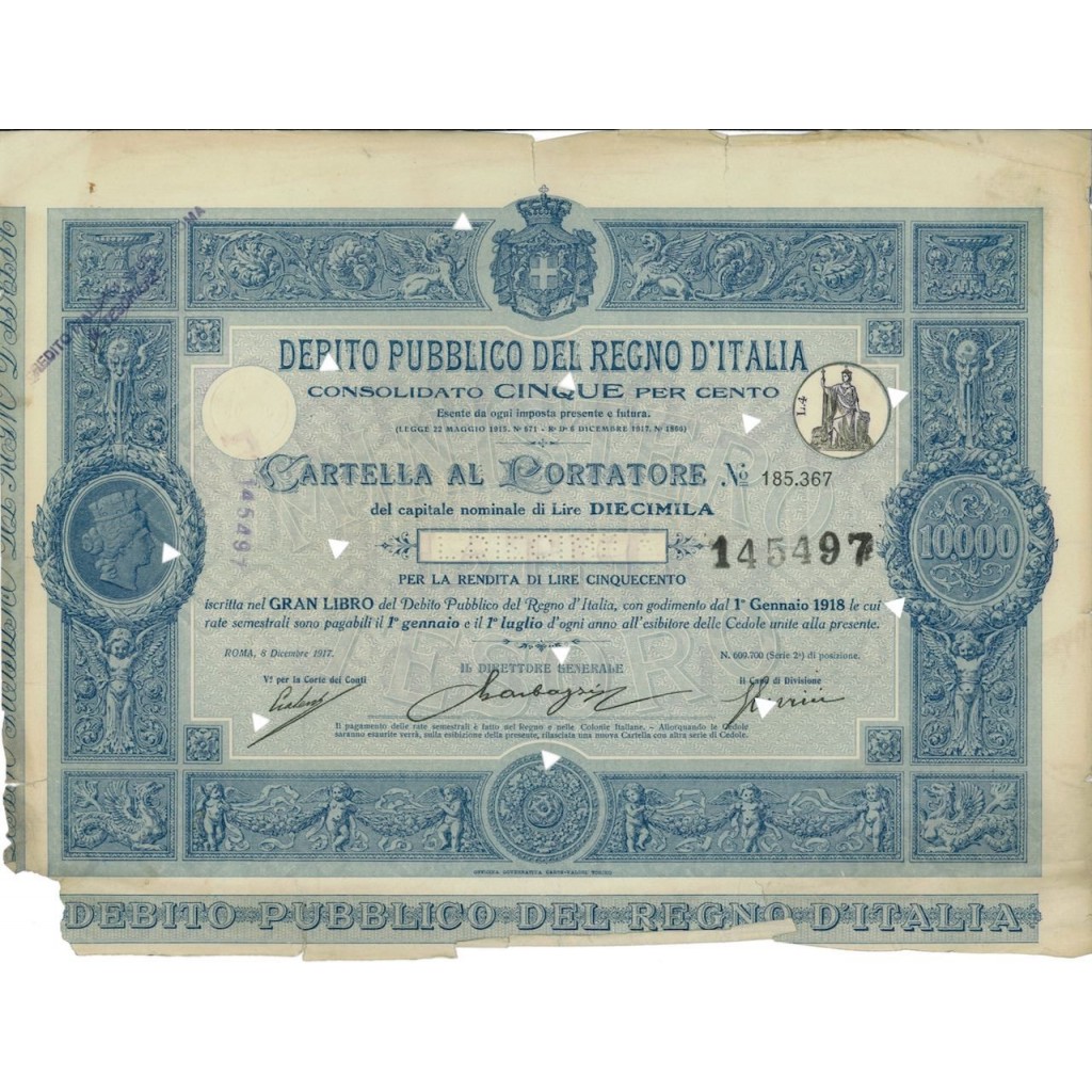 CARTELLA 10000 LIRE - D.PUBBLICO CONSOLIDATO 5% REGNO D'ITALIA 1917