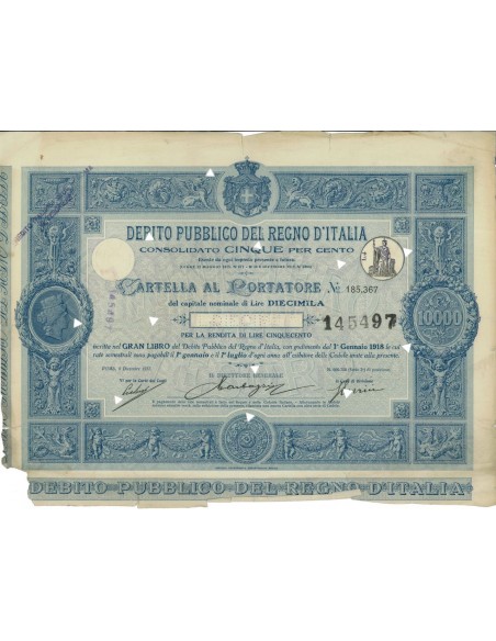 CARTELLA 10000 LIRE - D.PUBBLICO CONSOLIDATO 5% REGNO D'ITALIA 1917