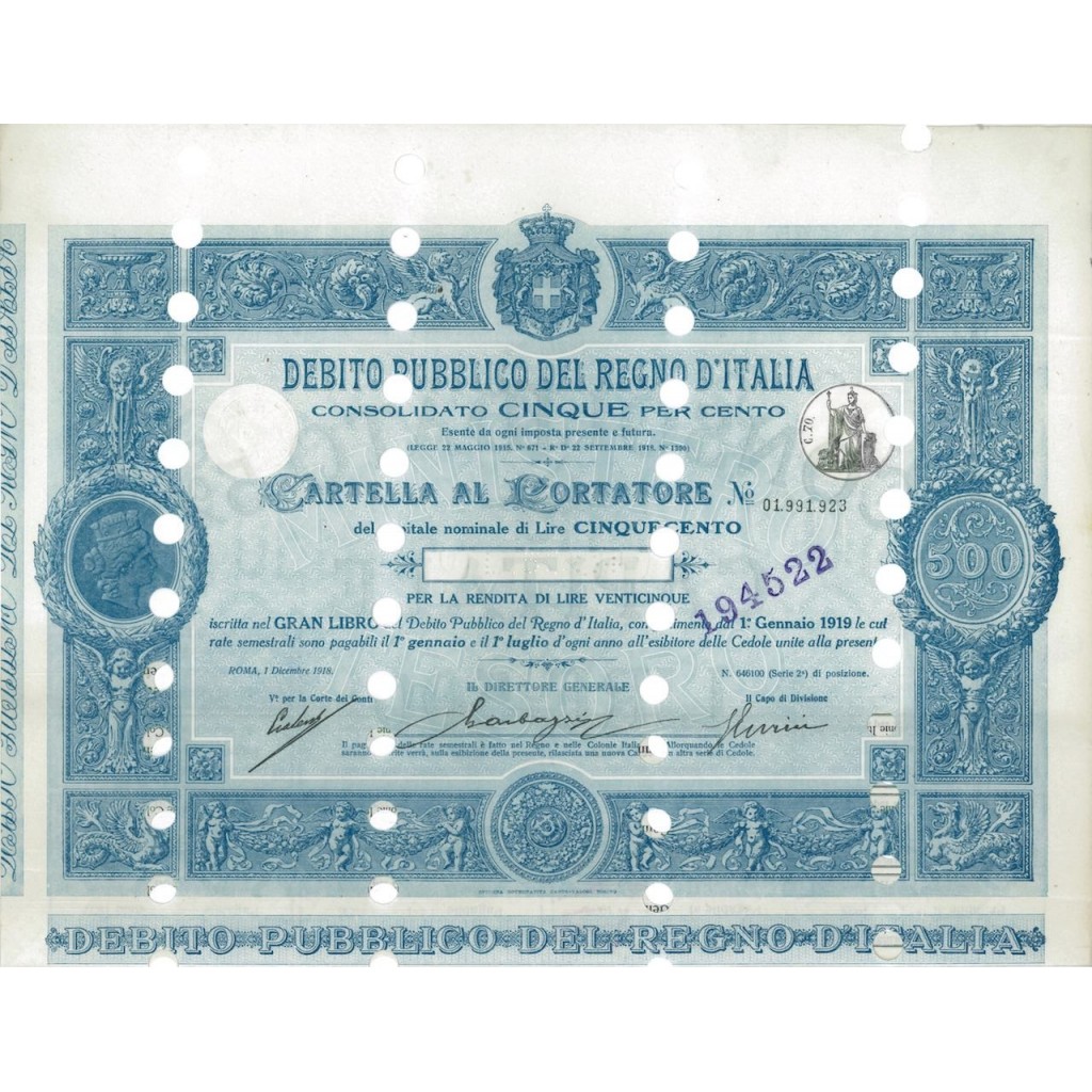 CARTELLA 500 LIRE - D.PUBBLICO CONSOLIDATO 5% REGNO D'ITALIA 1918