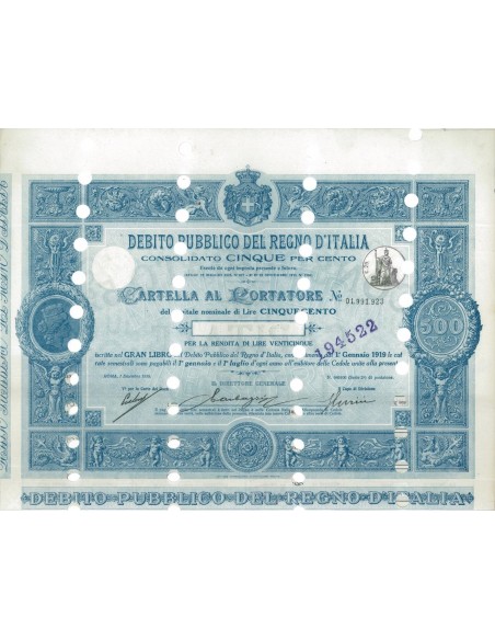 CARTELLA 500 LIRE - D.PUBBLICO CONSOLIDATO 5% REGNO D'ITALIA 1918