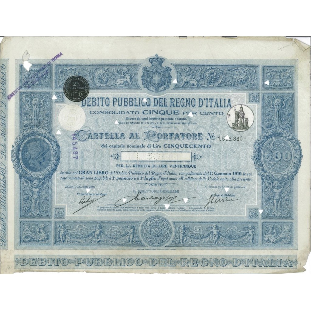 CARTELLA 500 LIRE - D.PUBBLICO CONSOLIDATO 5% REGNO D'ITALIA 1918