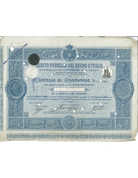 CARTELLA 500 LIRE - D.PUBBLICO CONSOLIDATO 5% REGNO D'ITALIA 1918