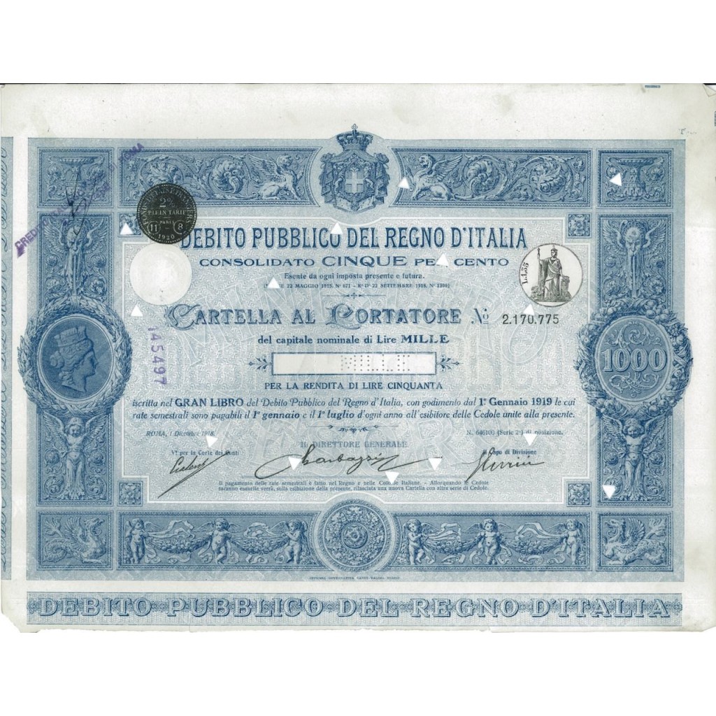 CARTELLA 1000 LIRE - D.PUBBLICO CONSOLIDATO 5% REGNO D'ITALIA 1918