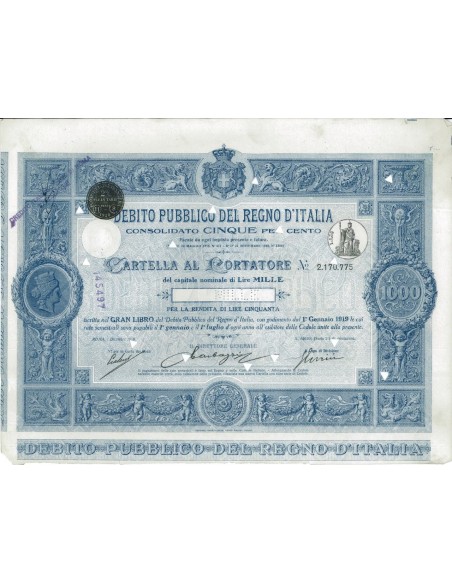 CARTELLA 1000 LIRE - D.PUBBLICO CONSOLIDATO 5% REGNO D'ITALIA 1918