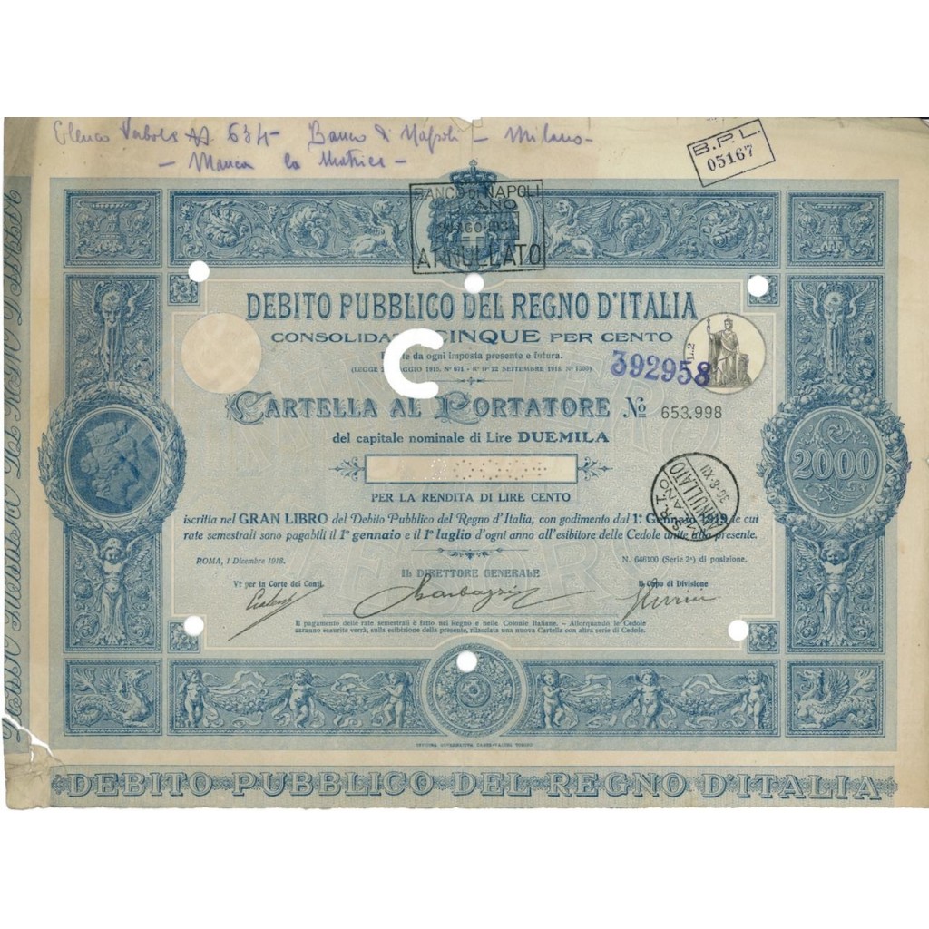 CARTELLA 2000 LIRE - D.PUBBLICO CONSOLIDATO 5% REGNO D'ITALIA 1918