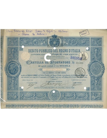 CARTELLA 2000 LIRE - D.PUBBLICO CONSOLIDATO 5% REGNO D'ITALIA 1918