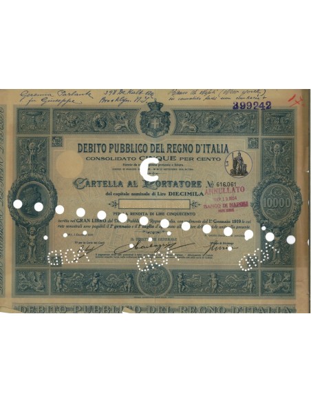 CARTELLA 10000 LIRE - D.PUBBLICO CONSOLIDATO 5% REGNO D'ITALIA 1918