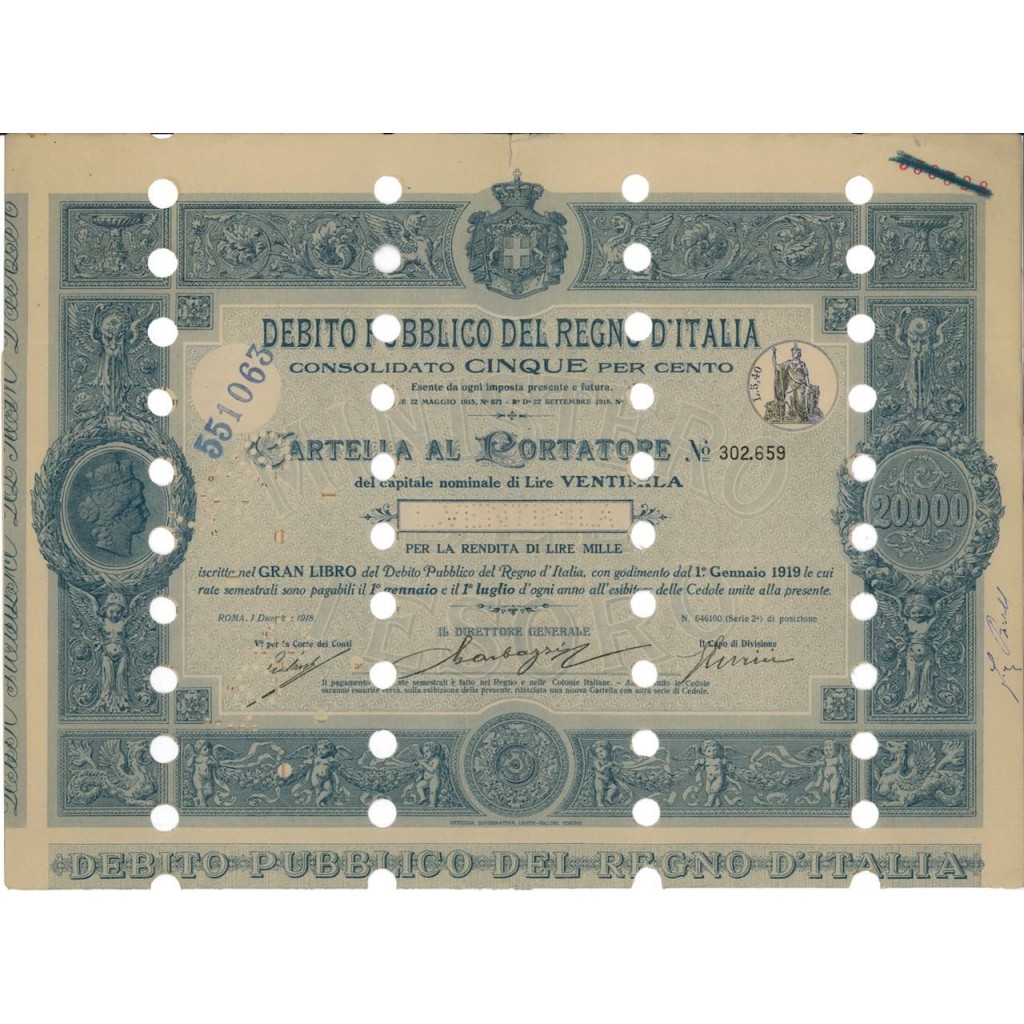 CARTELLA 20000 LIRE - D.PUBBLICO CONSOLIDATO 5% REGNO D'ITALIA 1918